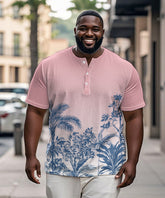 Men's Plus Size Daily Casual Pink Gradient Coconut Tree Print Henry Collar Button Short Sleeve T-Shirt